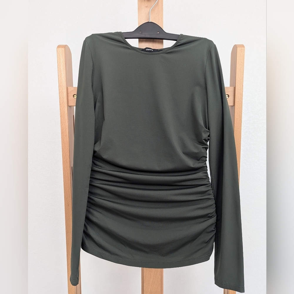 Theory Dark Green Ruched Long Sleeve Blouse